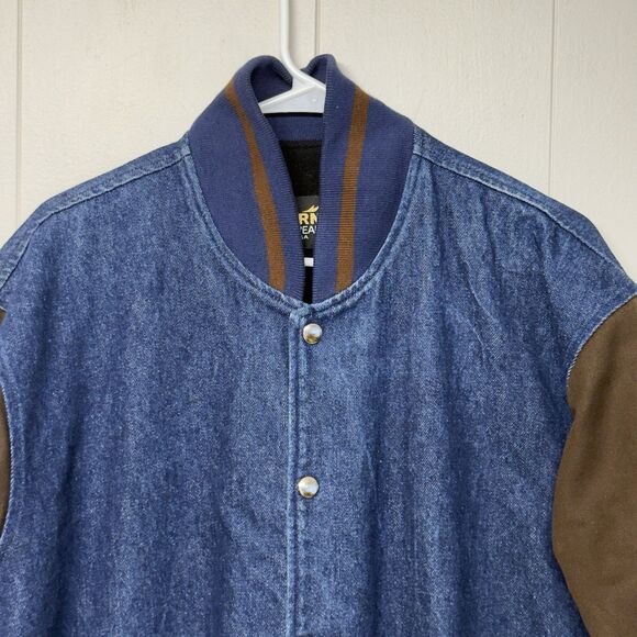 Vtg Auburn Sportswear Denim Varsity Bomber Jacket Lined Color block USA Men L - Picture 2 of 10